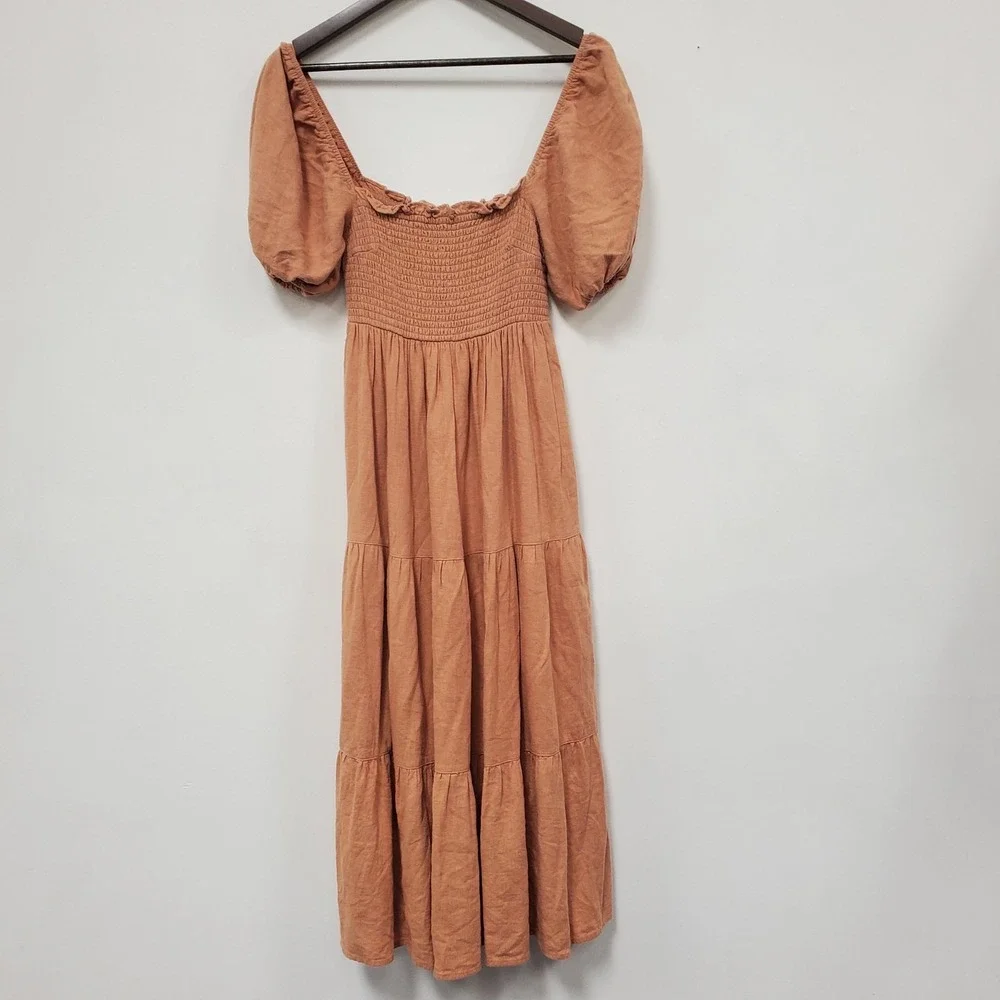 Abercrombie & Fitch Linen Smocked Maxi Dress Orange Puff Sleeve Tiered Pockets S